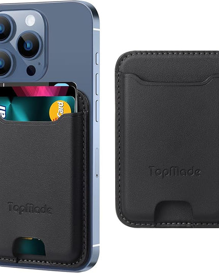 TopMade Phone Card Holder, Premium Leather Phone Wallet Stick on, Stronger 3M Adhesive Credit Card Holder for Back of Phone Case, iPhone, Samsung, and Android, RFID Blocking, Fit 4 Cards, Black