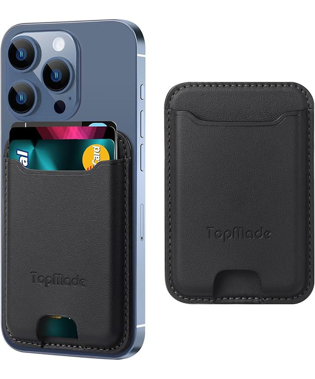 TopMade Phone Card Holder, Premium Leather Phone Wallet Stick on, Stronger 3M Adhesive Credit Card Holder for Back of Phone Case, iPhone, Samsung, and Android, RFID Blocking, Fit 4 Cards, Black