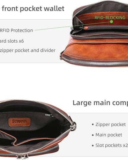 Iswee Leather Crossbody Bags for Women Multi Pockets Medium Shoulder Bag Lightweight Functional Travel Purse