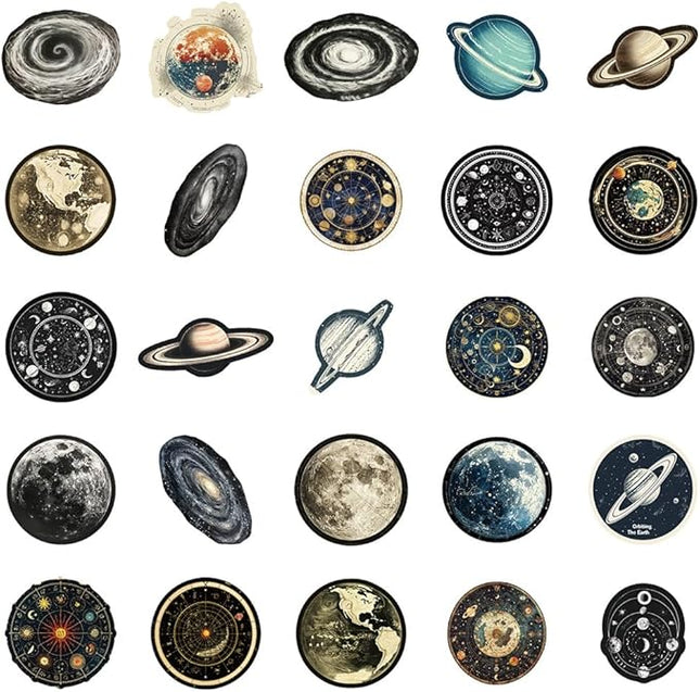 Vintage Celestial Galaxy Planet Vinyl Stickers, 50 PCS Waterproof Astronomical Icon Decals for Laptops, Scrapbooking, Journals, Notebooks, Water Bottles, Suitcases, Phones & DIY Decor