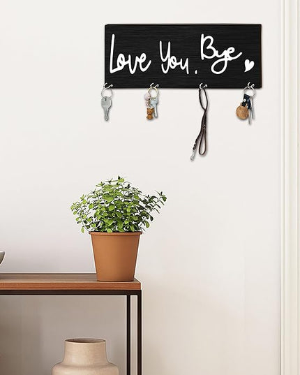 MBYHP Wooden Key Holder with 4 Hooks - Love You Bye Decorative Key Organizer for Wall - Home Office Kitchen Hallway Entryway Wall Decor for Keys, Dog Leash Hanging - A05