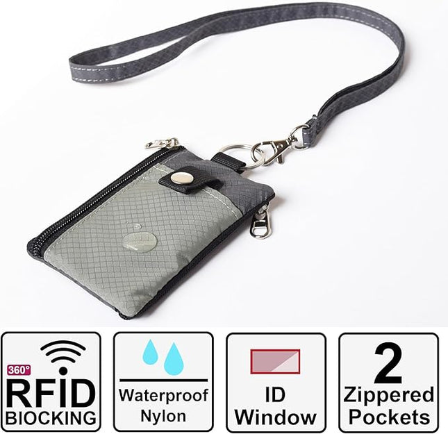 Minimalist RFID Blocking Small Wallet with ID Window,WaterResistant Zip Id Case Wallet with Lanyard Keychain for Cards,Cash,Travel,Women,Men