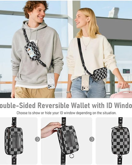Clip and Go Strap for Phone with Wallet Crossbody Phone Lanyard and Detachable Checkered Bag with ID Window and RFID Pouch for Daily Travel.