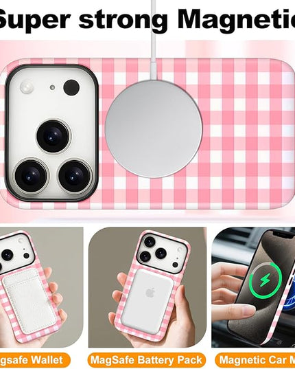 Magnetic for iPhone 17 Pro Max Case Cute Checkered Stripes Phone Case for Women Girls, Shockproof Slim TPU and Hard PC Protective Phone Cover Compatible with MagSafe Designed, Red