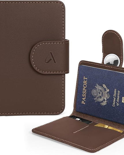 ALLIVE Passport Holder for Travel, Genuine Leather Passport Holder with AirTag Hidden, Rfid Passport Cover Travel Wallet for Airport Essentials, Travel Must Haves Gifts (Coffee Brown)