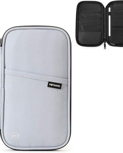 Travel Passport Holder, Large Family Passport Walle for Men Women RFID Passport Cover Lightweight Portable Document Organizer with Wrist Strap (Grey)