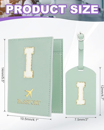 PATIKIL Passport Holder for Travel, Initial Passport Cover and Luggage Tag Set with Alphabet Chenille Letter Patch Travel Wallet Bag Suitcase Identifier for Women Family Travel Green I