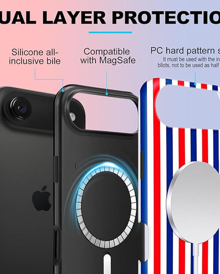 Magnetic for iPhone 17 Air Case Cute Stripes Phone Case, Shockproof Slim TPU and Hard PC Protective Phone Cover Compatible with MagSafe Designed for Women Girls, Red and Blue