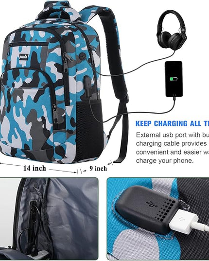 17 inch Backpack for Men,College Backpack School Bookbag for Teens,Travel Laptop Bookbag with USB Port and Headphone Hole,Camouflage Blue