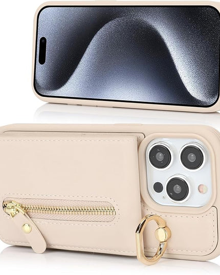 for iPhone 15 Pro Wallet Case with Card Holder, for iPhone 15 Pro Case Wallet with Strap Credit Card Slot, Crossbody Bag with Zipper Case for iPhone15 Pro - Warm White