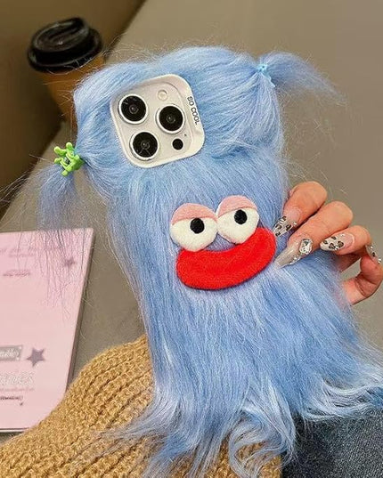 for iPhone 14 Plus Case,Funny and Silly Weird Furry Phone Cases [DIY Long Hair with Hairclip] Ugly Phone Case Swap Challenge Gifts with Friends (Blue)