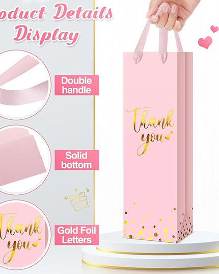 Ctosree 30 Pcs Wine Bottle Gift Bag with Handle 4.3x3.5x13.7 Liquor Paper Bag for Thank You Favor Gold Foil Kraft Whiskey Tote Carrier for Wedding Birthday Bridal Valentine's day Party(Pink)