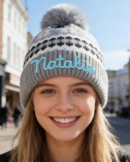 Personalized Beanie for Women Custom Knit with Name, Winter Hat with Pom Pom, Soft Lined Warm Hat, Birthday Gift