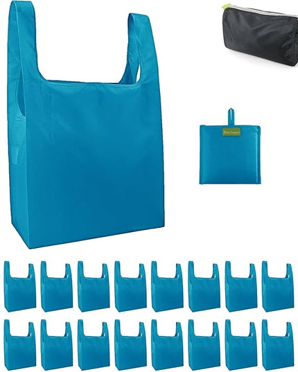 BeeGreen Light Blue Reusable Shopping Bags Wholesale Blue Reusable Grocery Bags Bulk Foldable-Machine Washable with Zipper Storage Pouch 20 Pieces