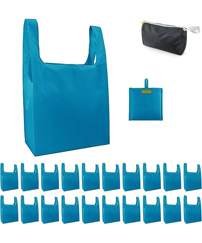 BeeGreen Light Blue Reusable Shopping Bags Wholesale Blue Reusable Grocery Bags Bulk Foldable-Machine Washable with Zipper Storage Pouch 20 Pieces