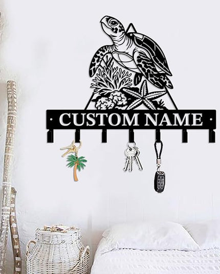 Casebrick Custom Sea Turtle Metal Wall Hooks,Key Holder-Personalized Iron Wall Decor for Keys, Coats & Home Organization (Black, Handmade,Decorative for Entryway, Beach,Bedroom,Office) (Style M)