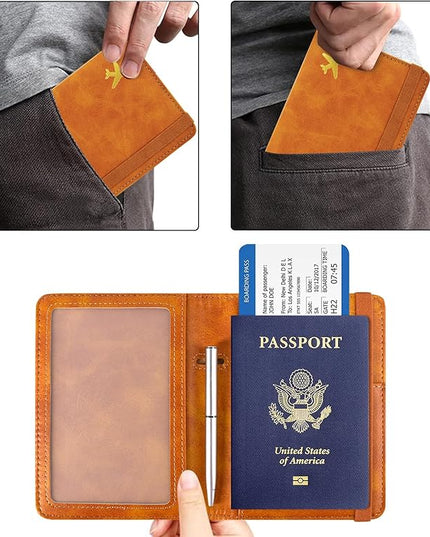 ACdream Passport and Vaccine Card Holder Combo, Cover Case with CDC Vaccination Card Slot, Leather Travel Documents Organizer Protector, with RFID Blocking, for Women and Men, C - Yellow & Plane, C