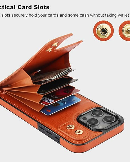 Folosu Compatible with iPhone 16 Pro Max Case Wallet with Card Holder, 360°Rotation Finger Ring Holder Kickstand, RFID Blocking Leather Protective Double Buttons Shockproof Cover 6.9 Inch Brown