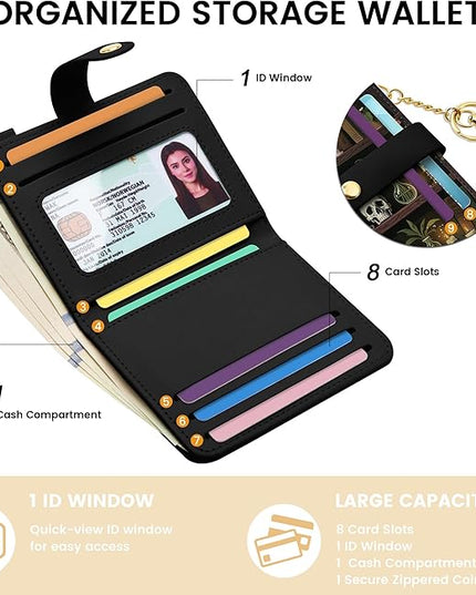 Sodsay Small Slim Wallet Women RFID Blocking, PU Leather Bifold Ladies Wallet with Zipper Coin Pocket, Thin Cute Travel Card Wallets for Girls, Black Gothic Relic