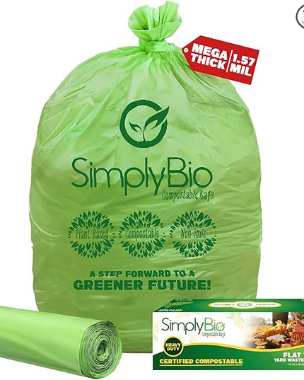 Simply Bio 50-55 Gallon Compostable Trash Bags Liners Flat-Top, Heavy Duty Extra Thick 1.57 Mil, 208.2 Liter, 12 Bags, Lawn, Yard, and Restaurant Use, ASTM D6400, US BPI, OK Compost Home Certified