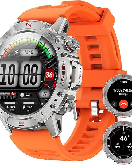 WalkerFit Smart Watch for Men, 1.43" Round AMOLED, 5ATM Waterproof, Heart Rate & Sleep Monitor,Long Battery,Outdoor Activity Tracker,Voice Control&Bluetooth Call,Compatible with iPhone Android, Orange