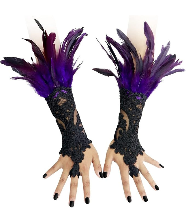 HOMELEX Women Black Lace Feather Gloves Witch Angel Costume Accessories Swan Wings Wrist Bands