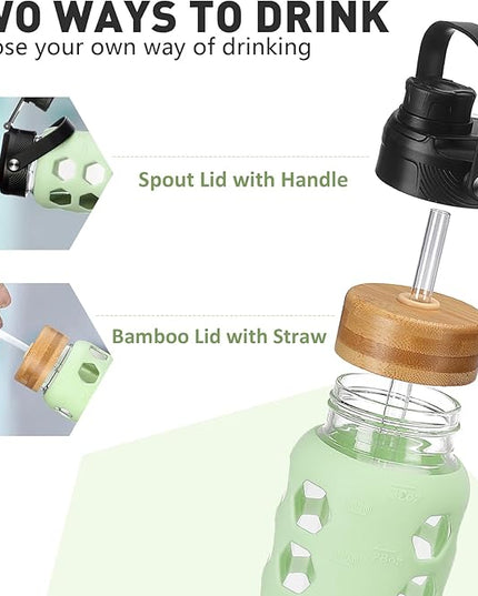 MUKOKO Glass Water Bottles,24oz Glass Tumbler with Straw,Drinking Bottles with 2 Lids-Handle Spout Lid&Bamboo Straw Lid,Motivational Water Bottle with Time Marker and Silicone Sleeve,1 Pack-Mustard