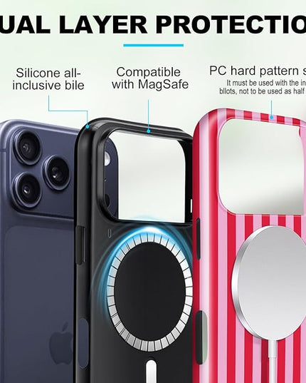 Magnetic for iPhone 17 Pro Max Case Cute Stripes Phone Case, Shockproof Slim TPU and Hard PC Protective Phone Cover Compatible with MagSafe Designed for Women Girls, Pink and White
