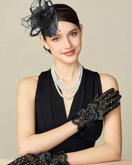 Lace Gloves for Women - Short Bow Rhinestone Tulle Sheer Sparkly Evening Stretchy Gloves for Wedding Opera Party