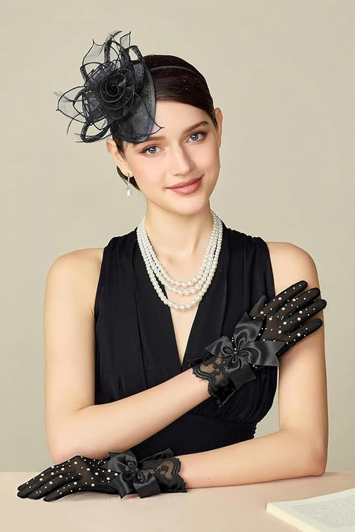 Lace Gloves for Women - Short Bow Rhinestone Tulle Sheer Sparkly Evening Stretchy Gloves for Wedding Opera Party