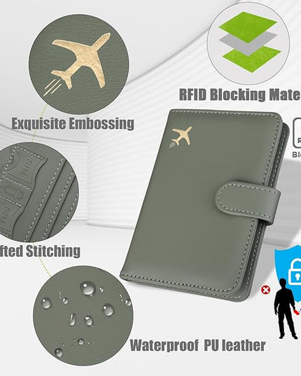 GOAUS Passport Holder for Travel with AirTag Slot Cards Cash Pocket, Faux Leather Travle Wallet Gifts for Women Men RFID Blocking Book Case Green, AirTag Not Included