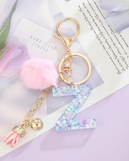 Resin Alphabet Initial Letter Keychain Keyring for Women Purse Handbags With Fur Ball Pom