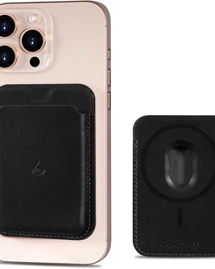 Belemay Strong Magnetic Wallet Compatible with Magsafe, Luxury Minimal Card Holder for 1-2 Cards, Premium Full-grain Smooth Leather Compatible with iPhone 17/16/15/14/13/12 series&MagSafe cases, Black