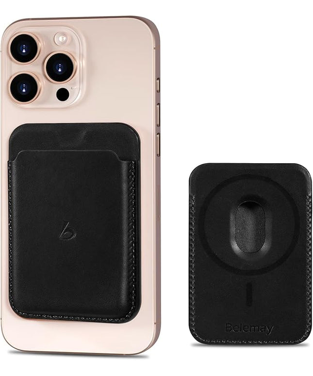 Belemay Strong Magnetic Wallet Compatible with Magsafe, Luxury Minimal Card Holder for 1-2 Cards, Premium Full-grain Smooth Leather Compatible with iPhone 17/16/15/14/13/12 series&MagSafe cases, Black