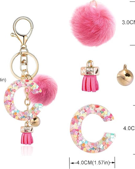 Resin Alphabet Initial Letter Keychain Keyring for Women Purse Handbags With Fur Ball Pom