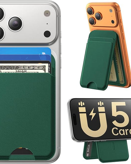Fanseesy for MagSafe Wallet with Stand, 5 Card Holder, Slim Leather Magnetic Wallet for iPhone 17/16/15/14/13/12 Pro Max Plus Air Series, 3 Card Slots & 1 Cash Slot,Green