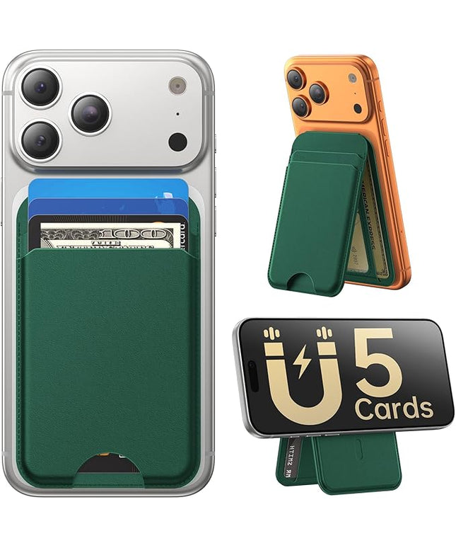 Fanseesy for MagSafe Wallet with Stand, 5 Card Holder, Slim Leather Magnetic Wallet for iPhone 17/16/15/14/13/12 Pro Max Plus Air Series, 3 Card Slots & 1 Cash Slot,Green