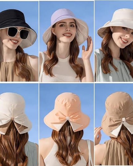 Womens Wide Brim Sun Hats UPF50+ UV Packable Beach Hat Summer Bow Decoration Bucket Cap for Travel