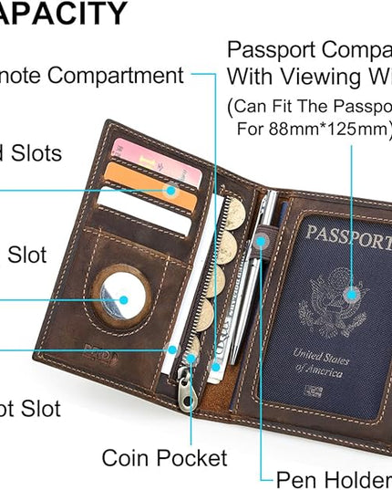 CONTACTS Full Grain Leather Airtag Passport Holder RFID Blocking Travel Passport Wallet Slim Passport Cover Case with 4 Card Slots, Coin Pocket with Badge