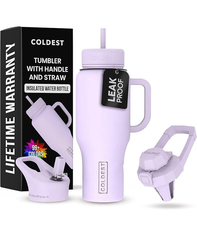 Coldest Tumbler with Handle and Straw - 100% Leak Proof Insulated Tumbler with Lid and Straw (3 Lids) - Stainless Steel Tumblers for Women & Men - Cup Holder Friendly Base, 36 oz (Lilac Blue)