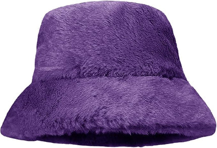 Women Plush Fluffy Bucket Hat Warm Lining Winter Faux Fur Cozy Wide Brim Winter