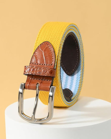 Mile High Life Golf Belts for Men, Canvas Belt with Genuine Leather Tips, Embroidered 2 Layer Web Belt with Pin Buckle
