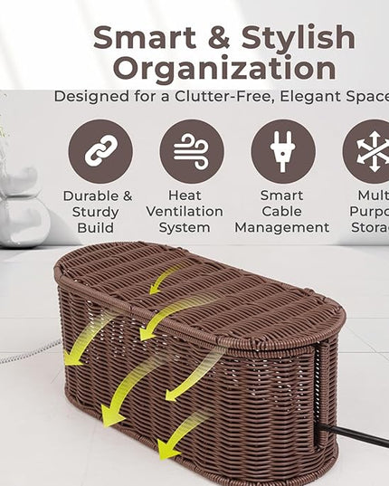 Cable Management Box, Handmade Rattan Cable Organizer, 2 Open Slots Cords Hider Box, Under Desk Cord Organizer for Computer Router USB Hub & Power Strip, Patent Pending, 15.9" x 6.5" x 6.5", Brown