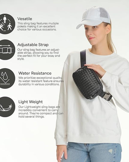 C.C Woven Vegan Leather Fanny Pack – Waist Bag with Adjustable Strap, Crossbody Belt Bag (Vegan Leather Woven - Camel)