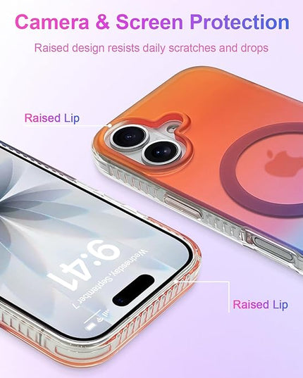 Aesthetic Case for iPhone 17 Case for Women Girls [Compatible with Magsafe] Cute Girly Trendy Glitter Sparkly Rainbow Magnetic Protective Phone Cover, Matte Iridescent Orange & Blue