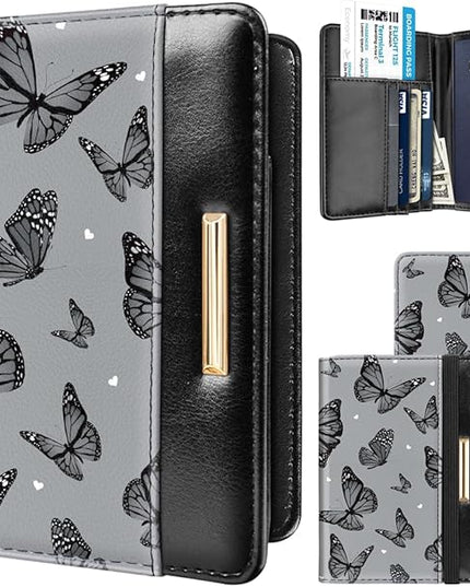 Passport Holder Cover Travel RFID Blocking Passport Cover Rose Gold Cute Flowers Passport Wallet with Elastic Band for Women