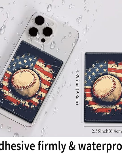 Phone Card Holder, Dual Pocket Leather Wallet Adhesive Stick On, Cute Credit Card Holder for Smartphones Case Compatible with Most Phone（American flag baseball）