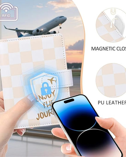 COSHAYSOO Personalized RFID Passport Holder for Travel Women Passports Cover Case Air Essentials Airplane Flight Accessories Airline Plane Flying Must Haves Christmas Gifts for Travelers Checkered