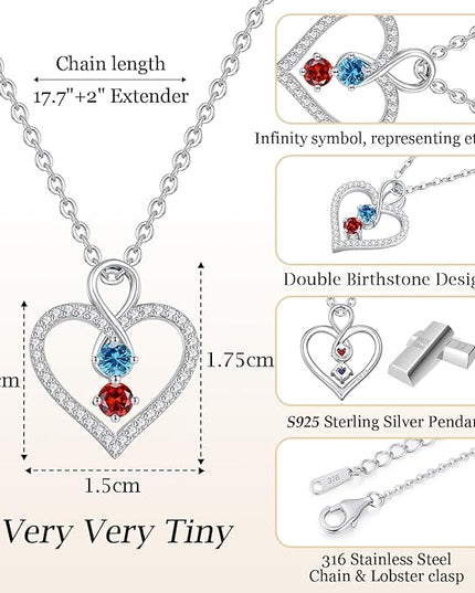 LOUISA SECRET Infinity Double Birthstone Necklace, 925 Sterling Silver Tiny Pendant Heart Necklace for Women Wife Her, Best Jewelry Gift Heart Jewelry Meaningful Gift for Valentine's Day, Christmas, Birthday Anniversary