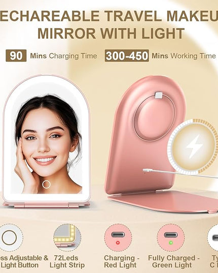 Mocado Travel Makeup Mirror with Light, 1x/10x Magnifying Mirror with Light, 3 Colors Lighted Magnifying Mirror, 2000mAh Rechargeable Lighted Makeup Mirror, Memory Function (Arched-Rose Gold)